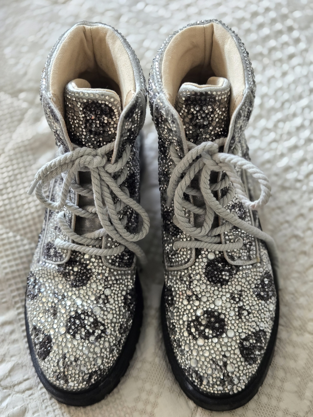 Betsey Johnson Hudson Rhinestone Lace-Up Silver Moto Boots 8.5